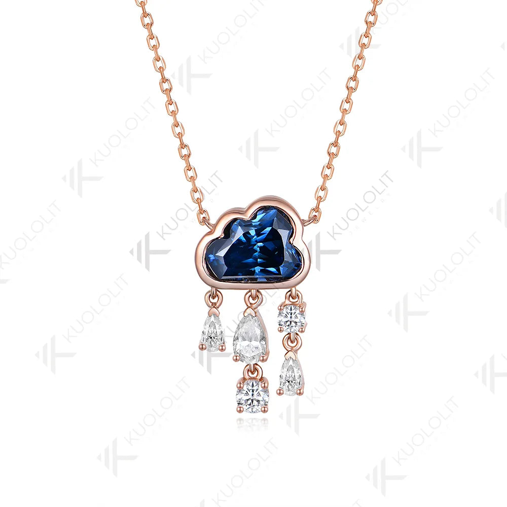 Kuololit 2ct Blue Cloudy Moissanite Necklace for Women Solid 18K 14k Gold Diamond Blue Rainny Necklace for Wedding Christmas