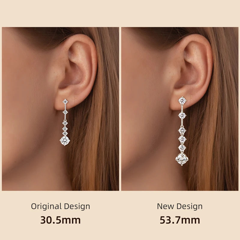 Diamond Long Drop Earrings for Girls Round 8mm Moissanite With 5mm Zircon Real 925 Silver 2023 Trend Jewerly