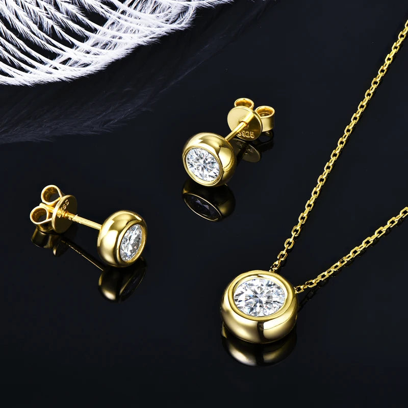 Moissanite Jewelry Set 925 Silver 18k Gold Plated Pendant Necklace Stud Earrings Set for Women Men Gift