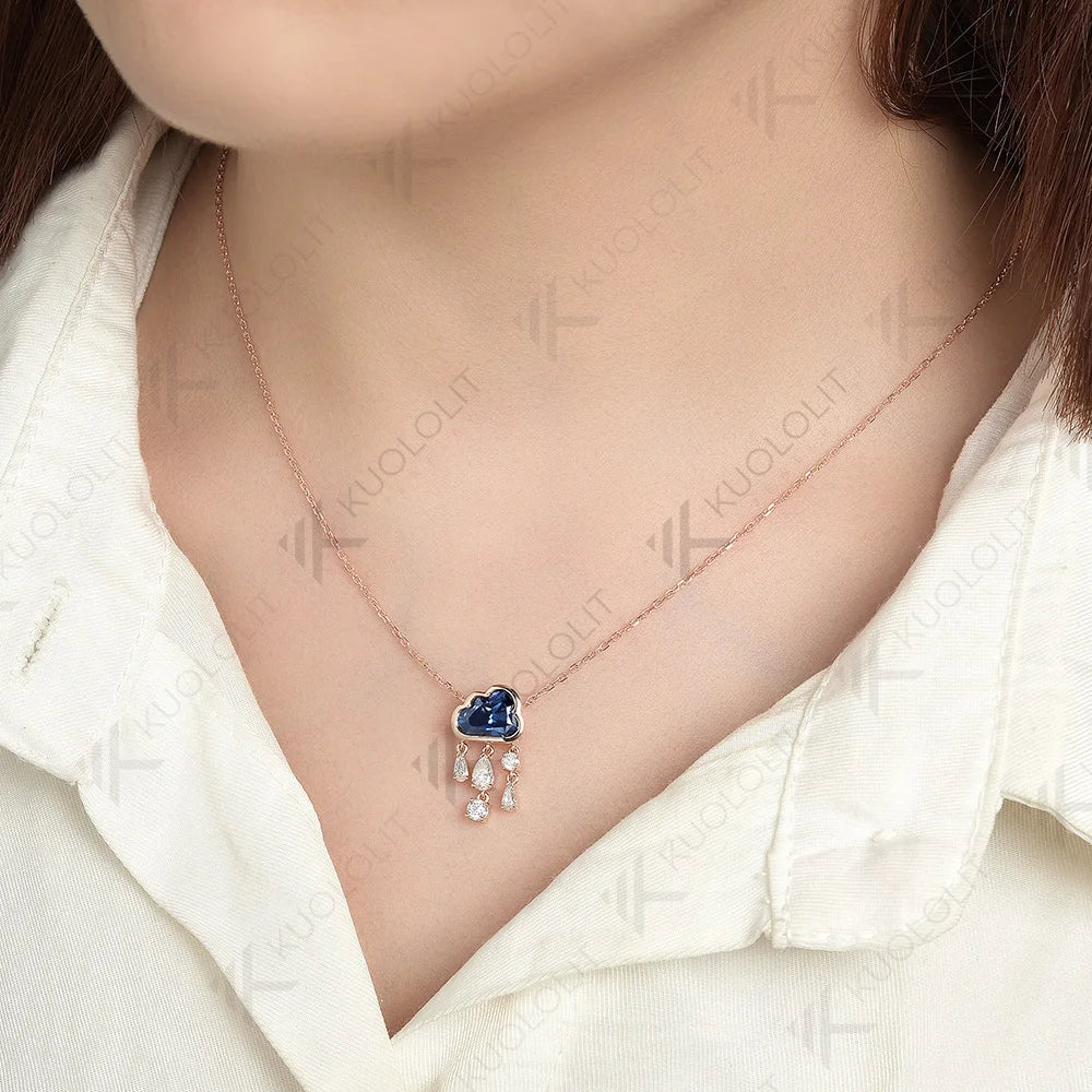 Kuololit 2ct Blue Cloudy Moissanite  Necklace for Women Solid 18K 14k Gold Diamond Blue Rainny Necklace for Wedding Christmas