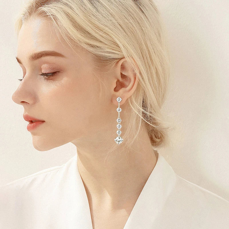 Diamond Long Drop Earrings for Girls Round  8mm Moissanite With 5mm Zircon Real 925 Silver 2023 Trend  Jewerly
