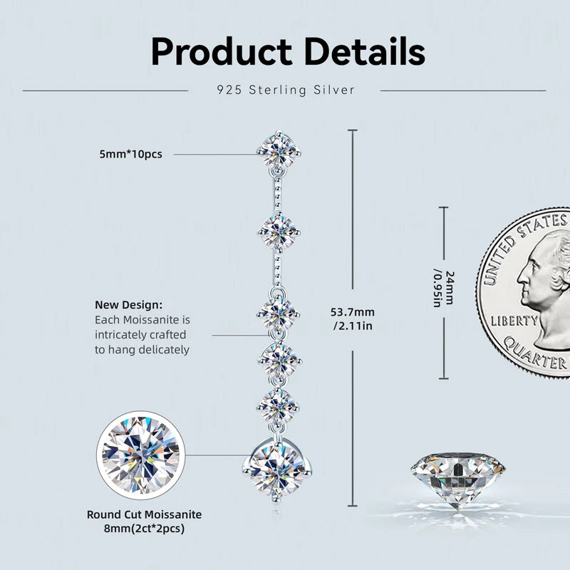 Diamond Long Drop Earrings for Girls Round  8mm Moissanite With 5mm Zircon Real 925 Silver 2023 Trend  Jewerly