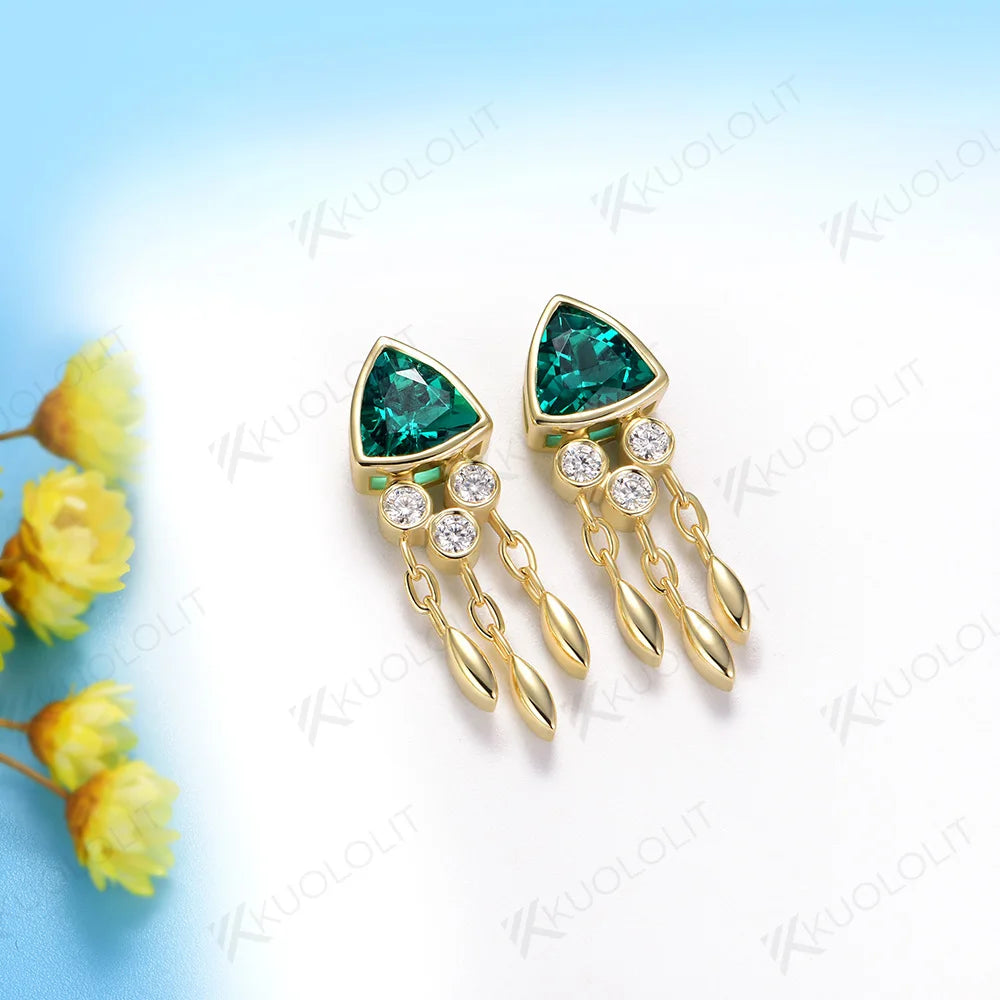 Lab Grown Emerald Jellyfish Stud Earrings for Women Solid 14K 10K 585 Gold Moissanite Earrings for Christmas