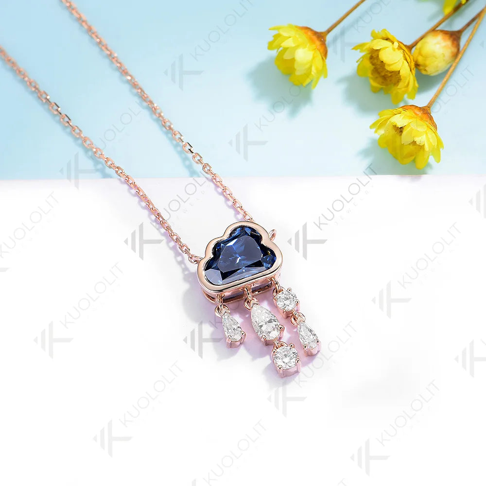 Kuololit 2ct Blue Cloudy Moissanite  Necklace for Women Solid 18K 14k Gold Diamond Blue Rainny Necklace for Wedding Christmas
