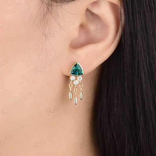 Lab Grown Emerald Jellyfish Stud Earrings for Women Solid 14K 10K 585 Gold Moissanite Earrings for Christmas